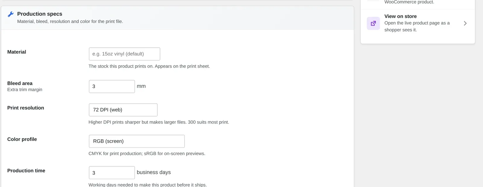 Production specs panel showing material, bleed area, print resolution and color profile fields for a design-enabled product