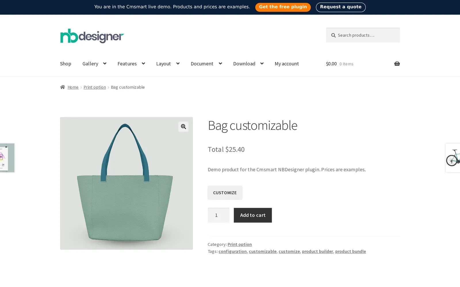 Set up an online store for a phone case business: Cmsmart Product Builder demo page with a Customize button and live price