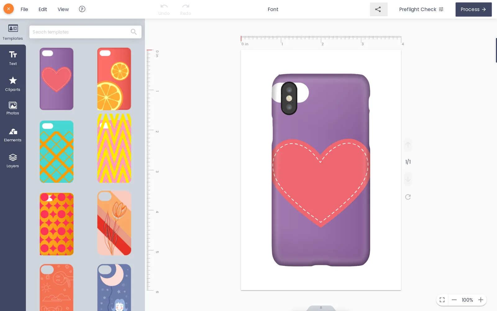Cmsmart online product designer editor open on a phone case with a template, templates panel and Preflight Check button visible