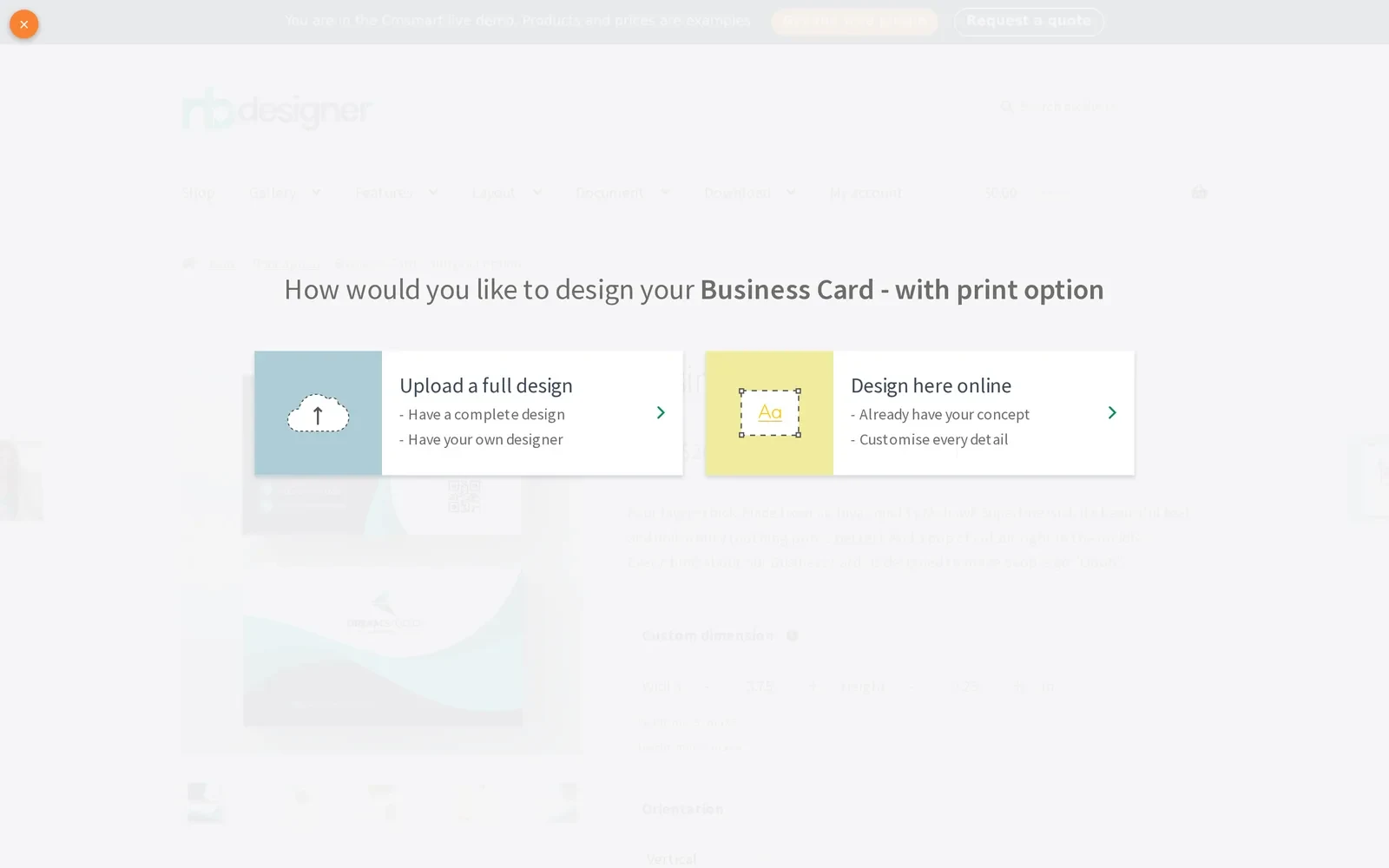 Design chooser on a business card product: upload a full design or design here online
