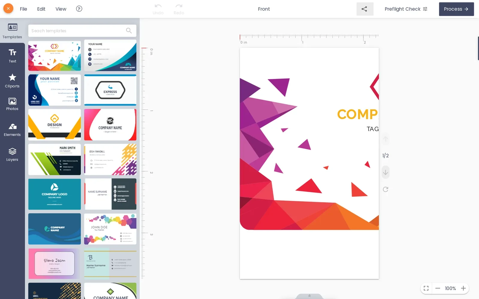 Cmsmart online designer open on a business card template, with a Preflight Check button in the toolbar