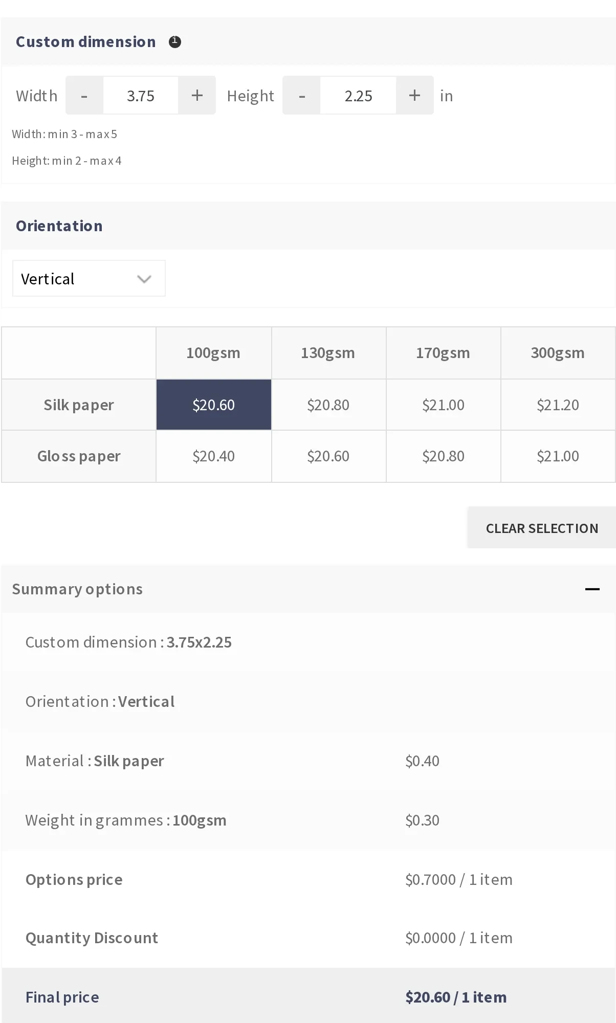 Business card price matrix showing paper weight and finish options with live pricing from $20.40 to $21.20