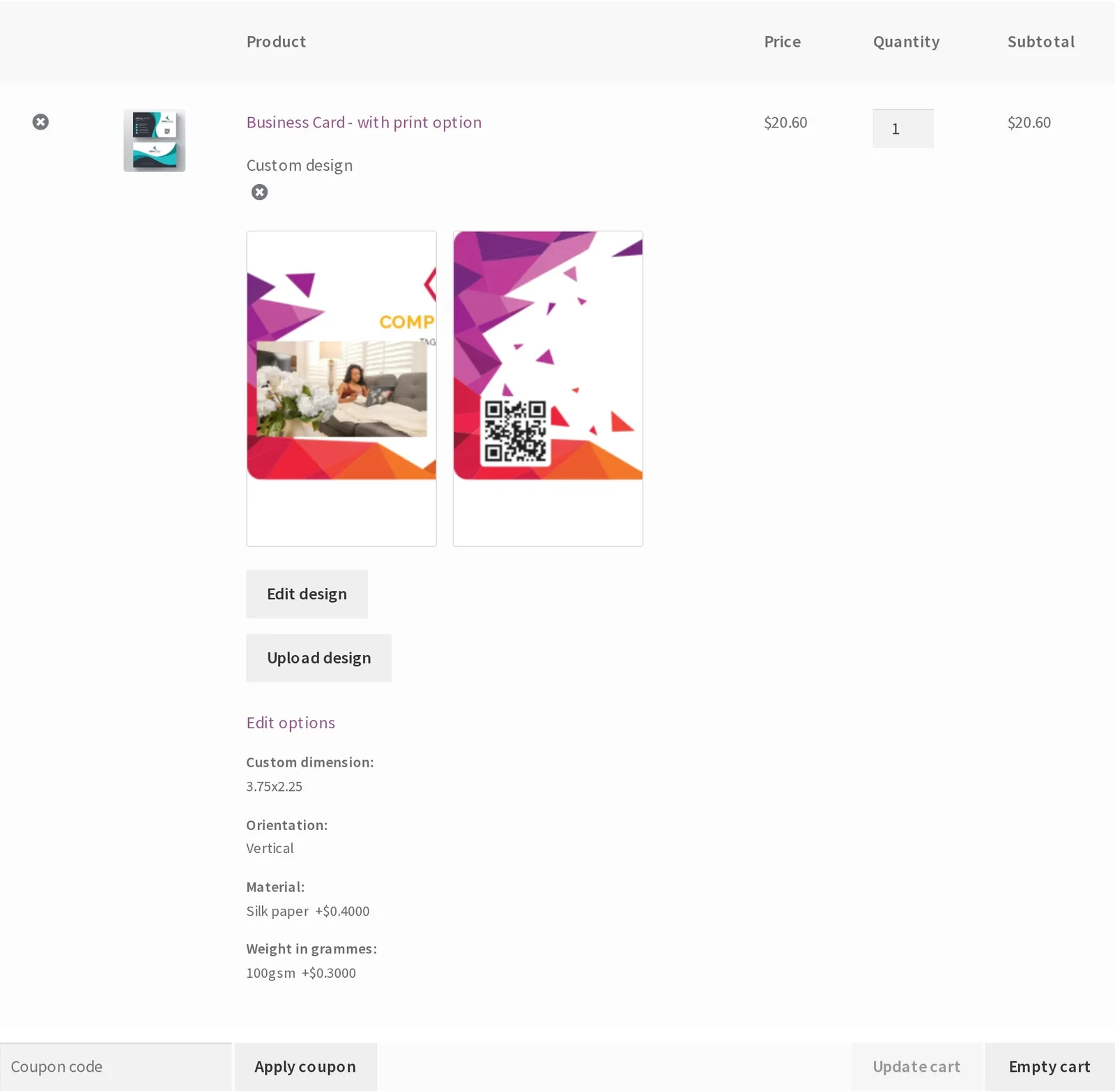 WooCommerce cart showing a business card line item with its design thumbnail and Edit design link