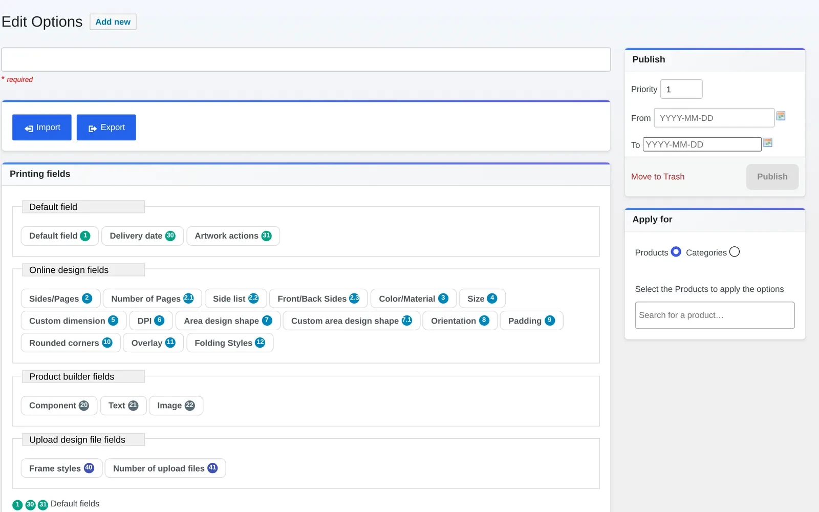 Cmsmart Edit Options screen showing the printing fields available to build a price matrix