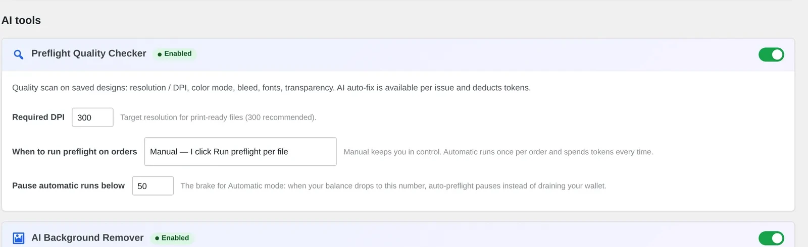Cmsmart Cloud AI Tools settings showing Preflight Quality Checker enabled with Required DPI set to 300