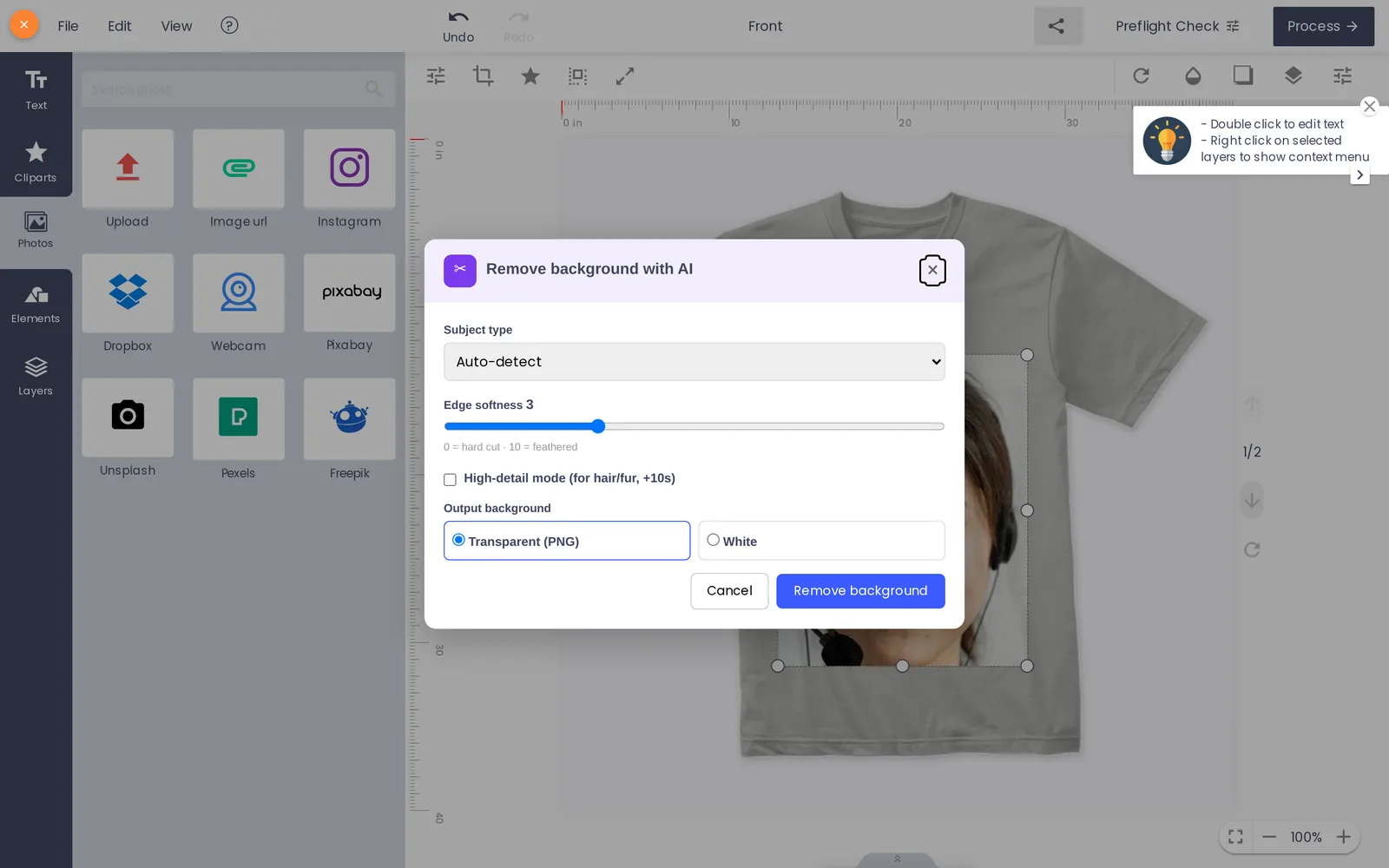 Remove background with AI dialog in the Cmsmart designer, with subject type, edge softness and transparent background options