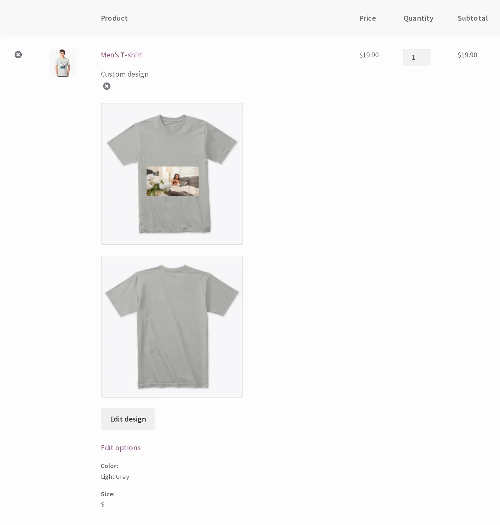 WooCommerce cart showing a Men's T-shirt line item with front and back design thumbnails, an Edit design link, and the chosen color and size