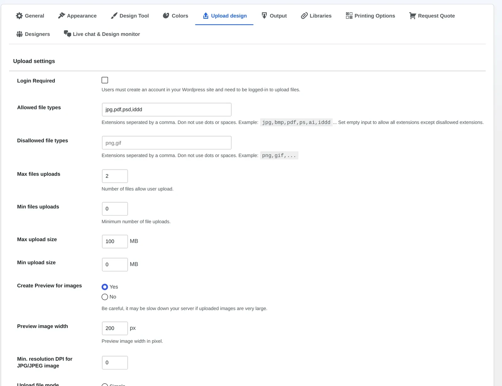 Cmsmart Settings, Upload design tab, showing allowed file types, max upload size and a minimum resolution DPI field for JPG uploads