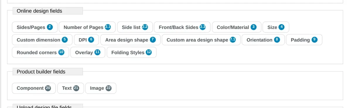 Printing option editor Product builder fields group with Component, Text and Image field buttons, the mechanism behind a component-based car wrap configurator
