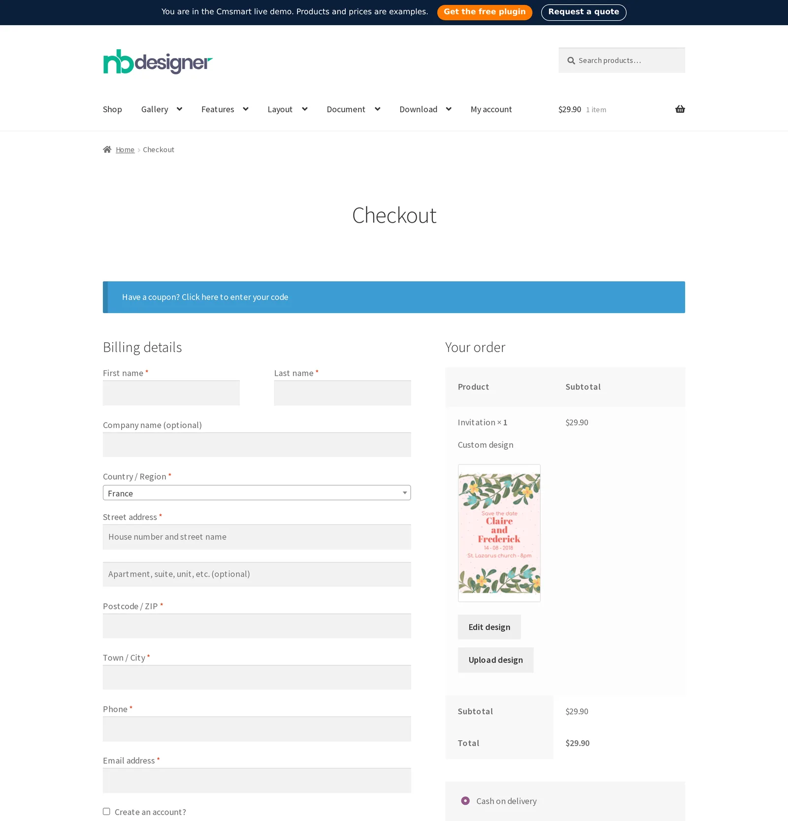 WooCommerce checkout with the designed item in the order review, stopped before payment