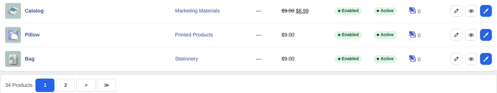 Cmsmart product manager list showing a Bag product enabled for the online designer