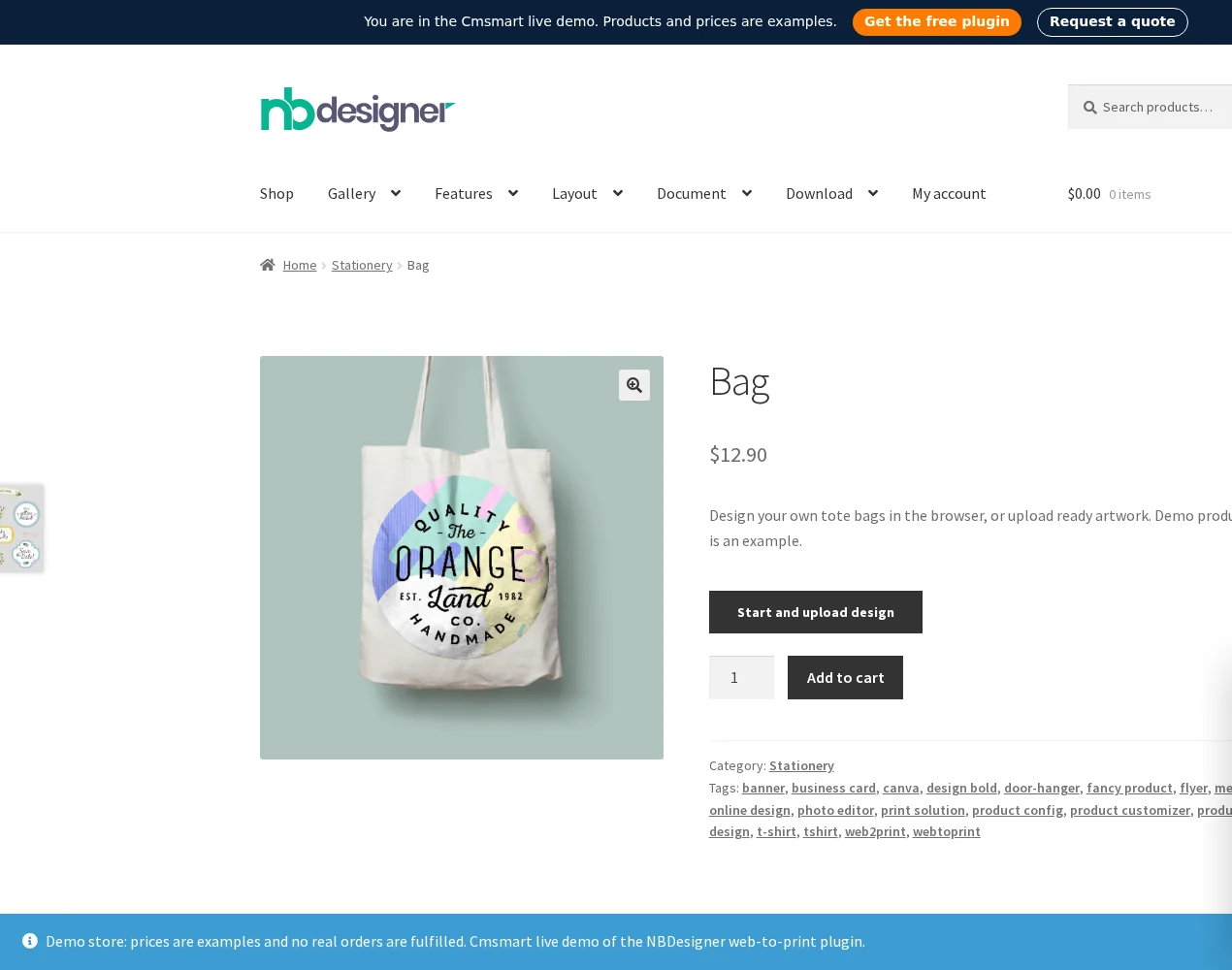 Custom tote bag printing business: the Bag product page on the Cmsmart demo with a Design here online button