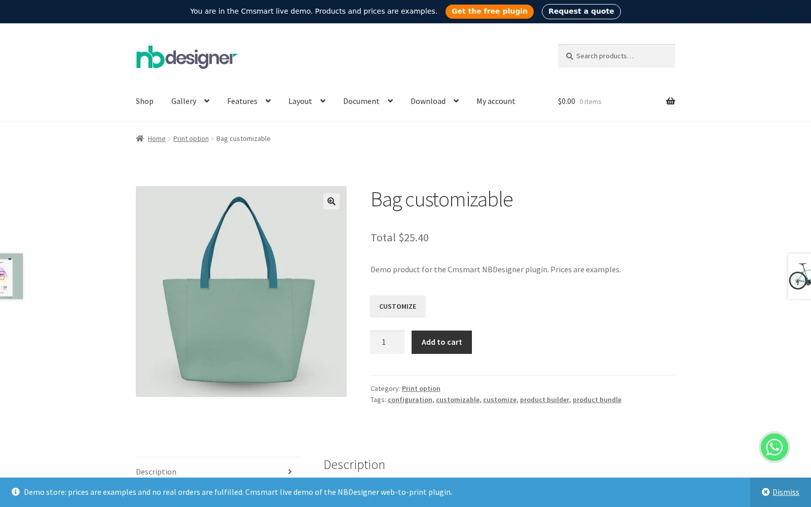 Bag customizable product page, a component-based tote bag builder priced at $25.40