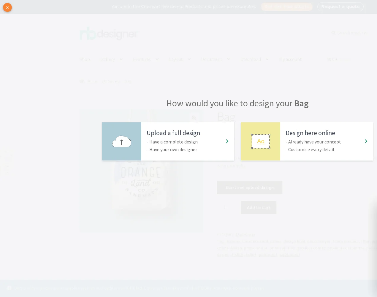 Chooser modal asking how to design the tote bag: upload a full design or design here online