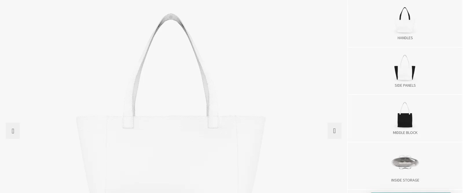 Product builder options for the tote bag: handles, side panels, middle block and inside storage