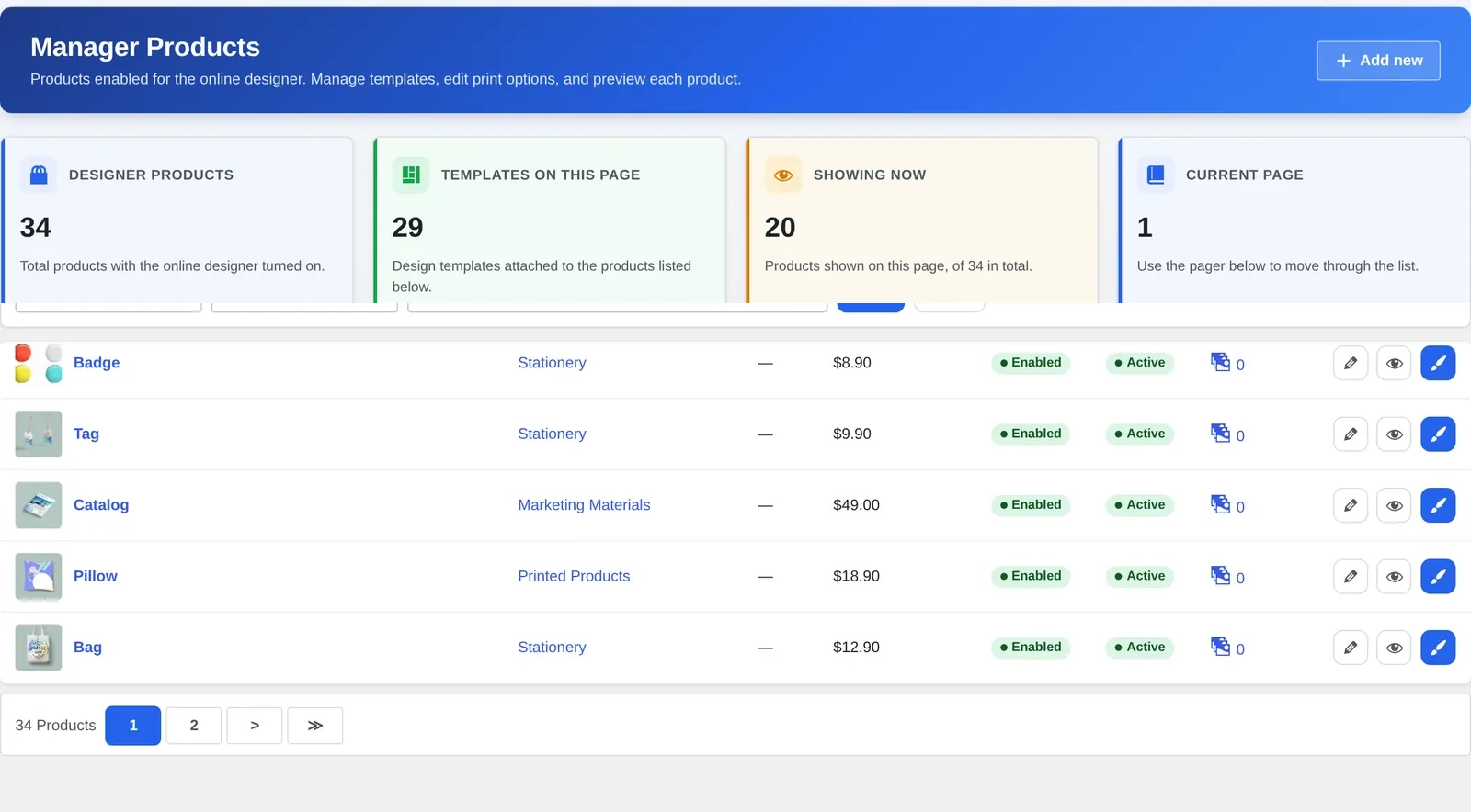 Cmsmart product manager list showing the Bag product enabled for the online designer