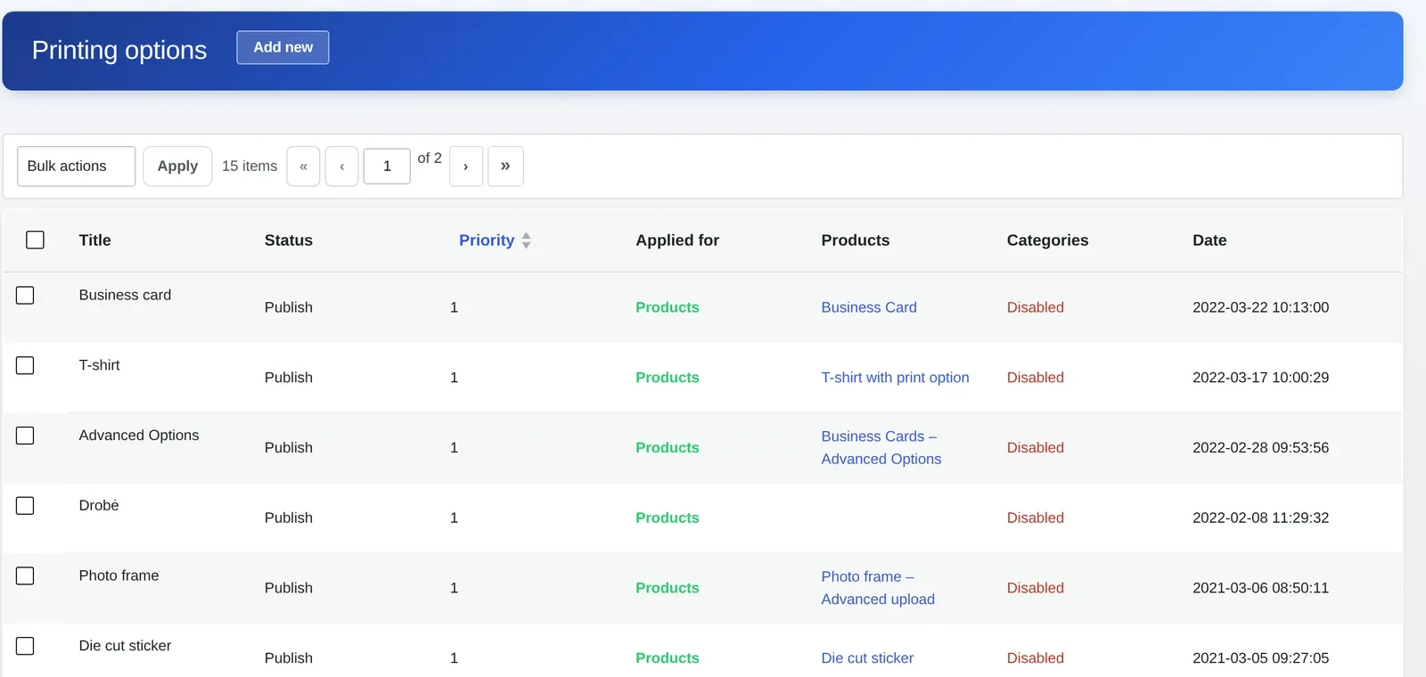 Printing options list in wp-admin with a Photo frame pricing rule applied to the product