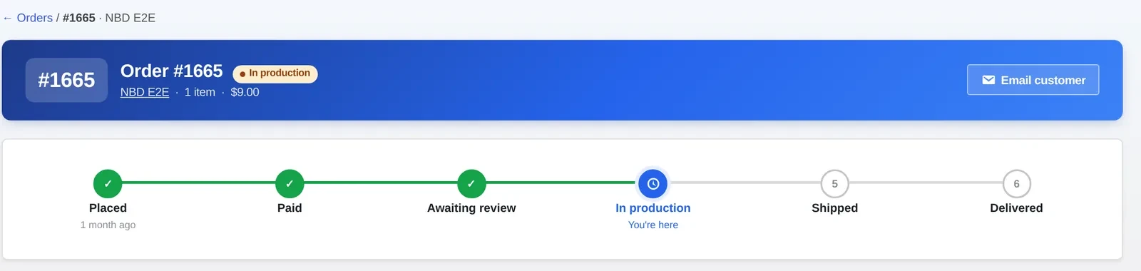Cmsmart order dashboard status timeline showing a paid order moving through production
