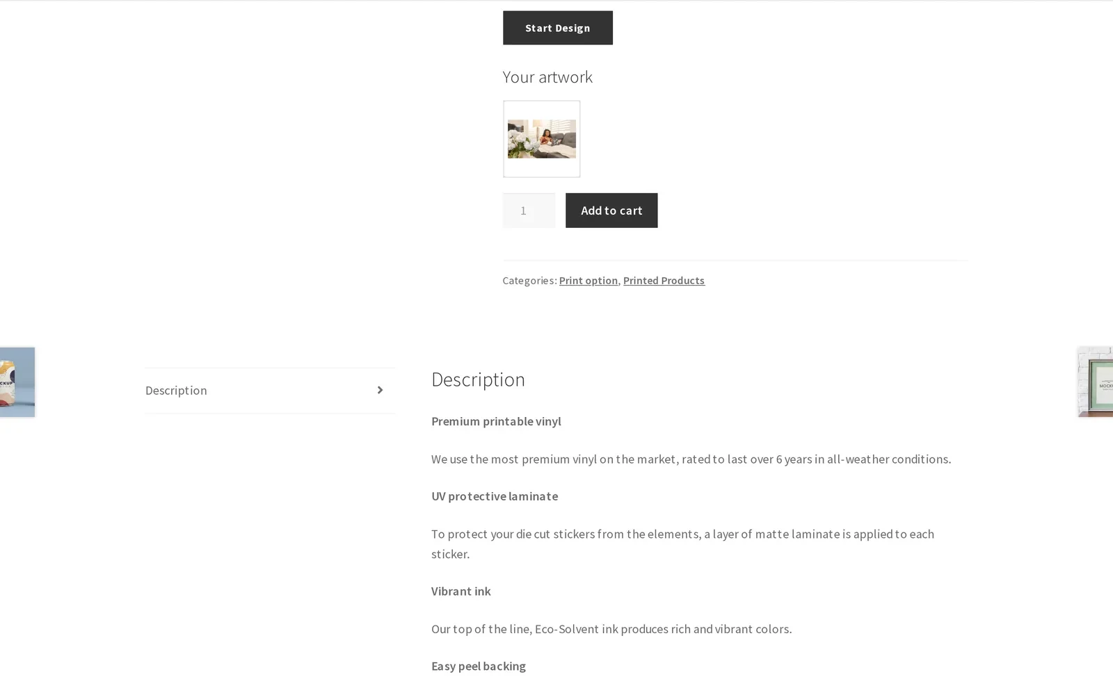 Sticker product page showing the saved customer design as 'Your artwork' next to the Add to cart button