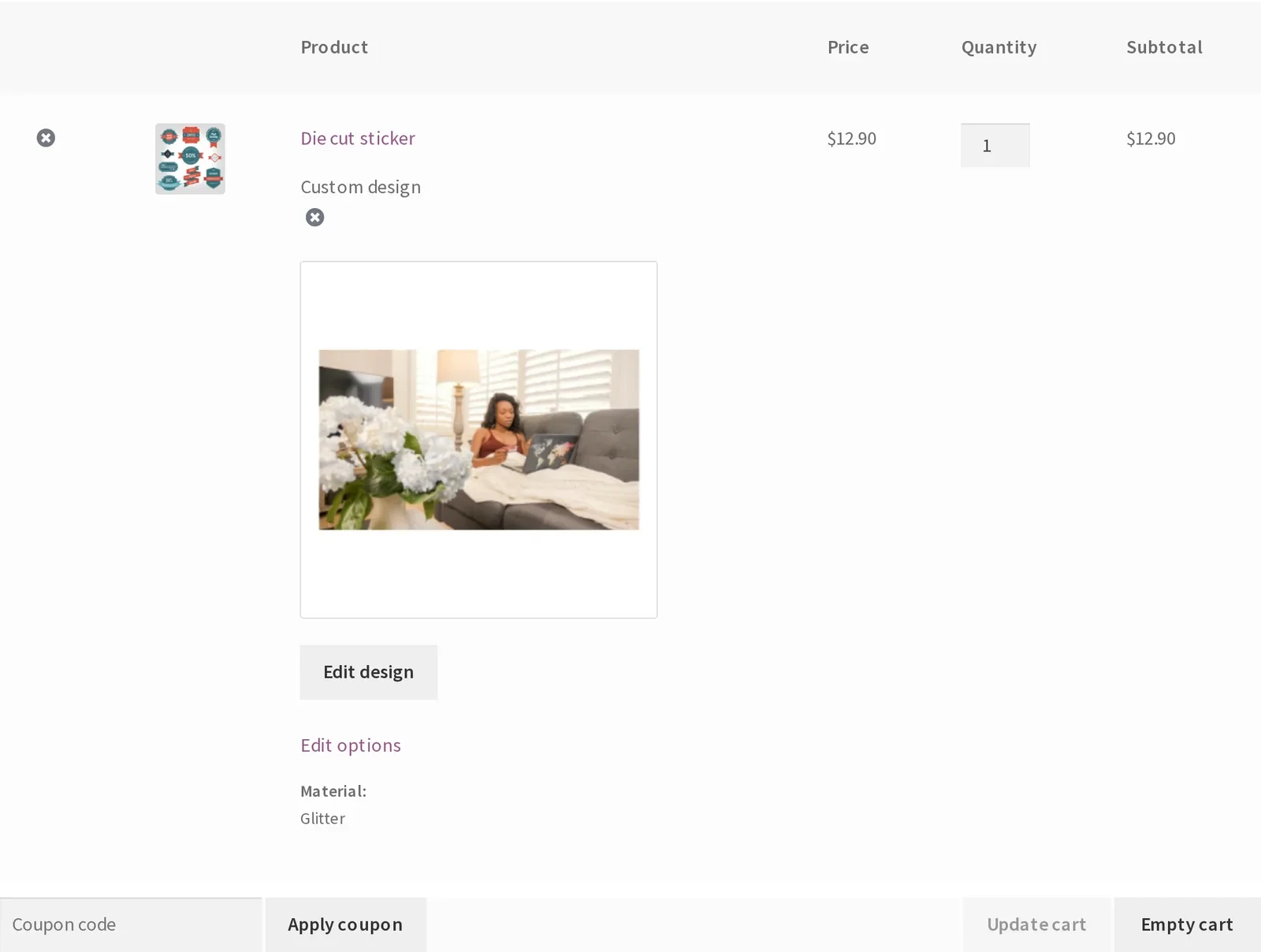 WooCommerce cart showing a die-cut sticker line item with the customer's saved design and material option