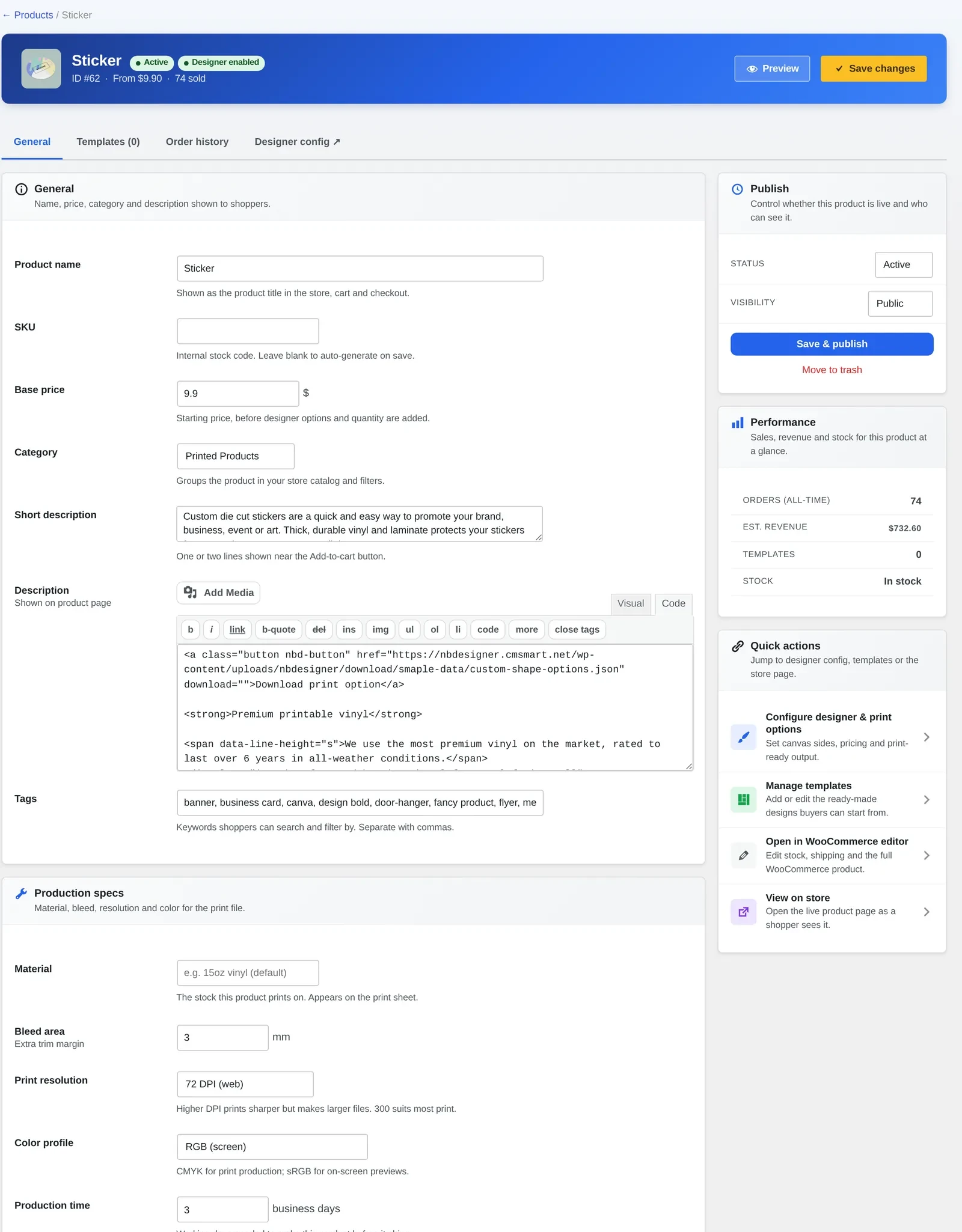 Cmsmart admin screen to sell custom stickers online, showing bleed area, print resolution and color profile fields