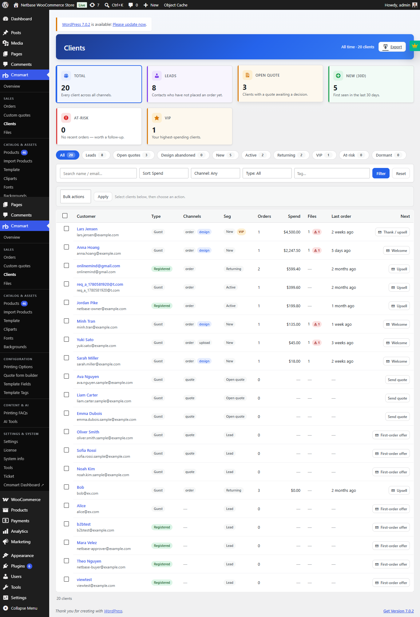 Cmsmart Product Designer Clients list segmented by lifecycle with spend
