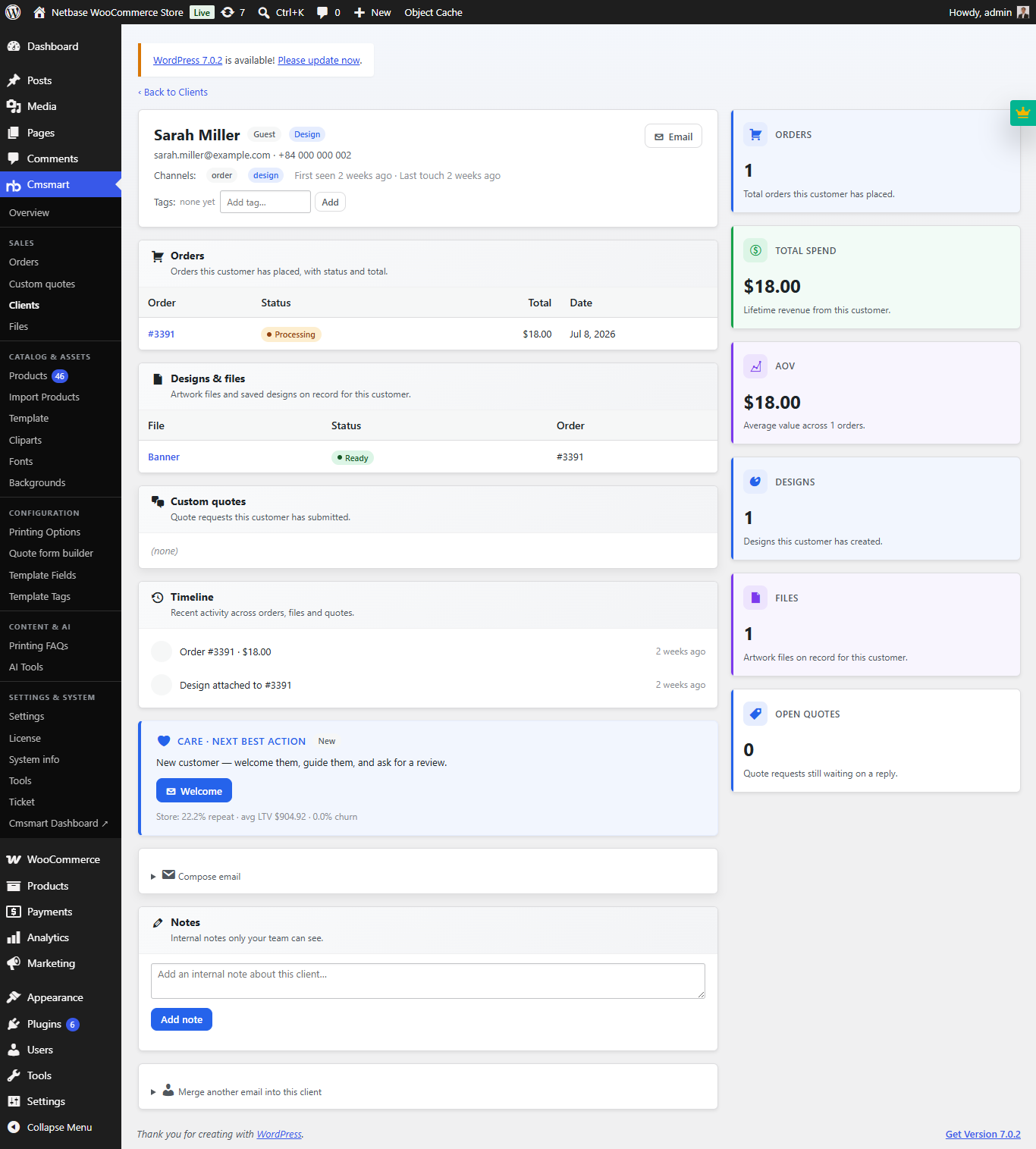 Cmsmart Product Designer client detail with orders, designs, files and timeline