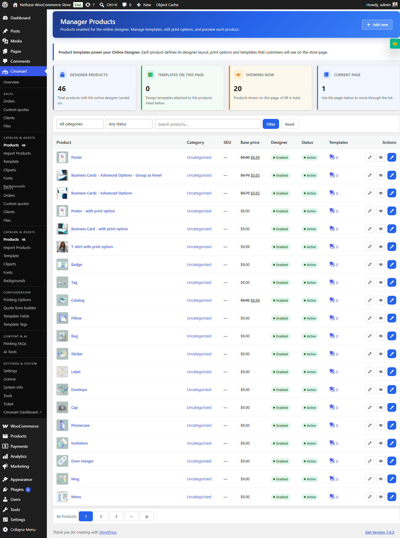Cmsmart Product Designer manage products list with designer status and pricing