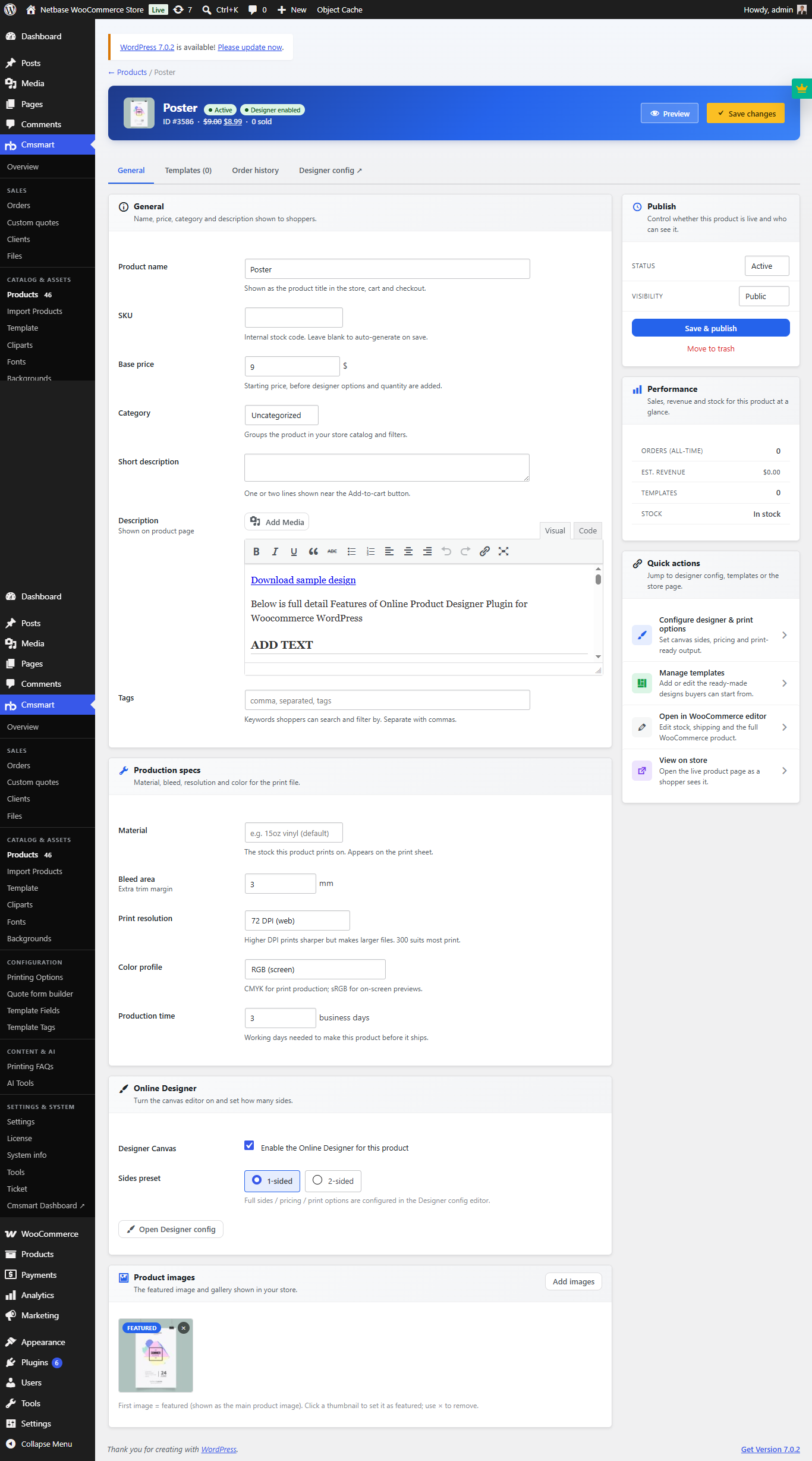Cmsmart Product Designer product editor with production specs and Online Designer toggle