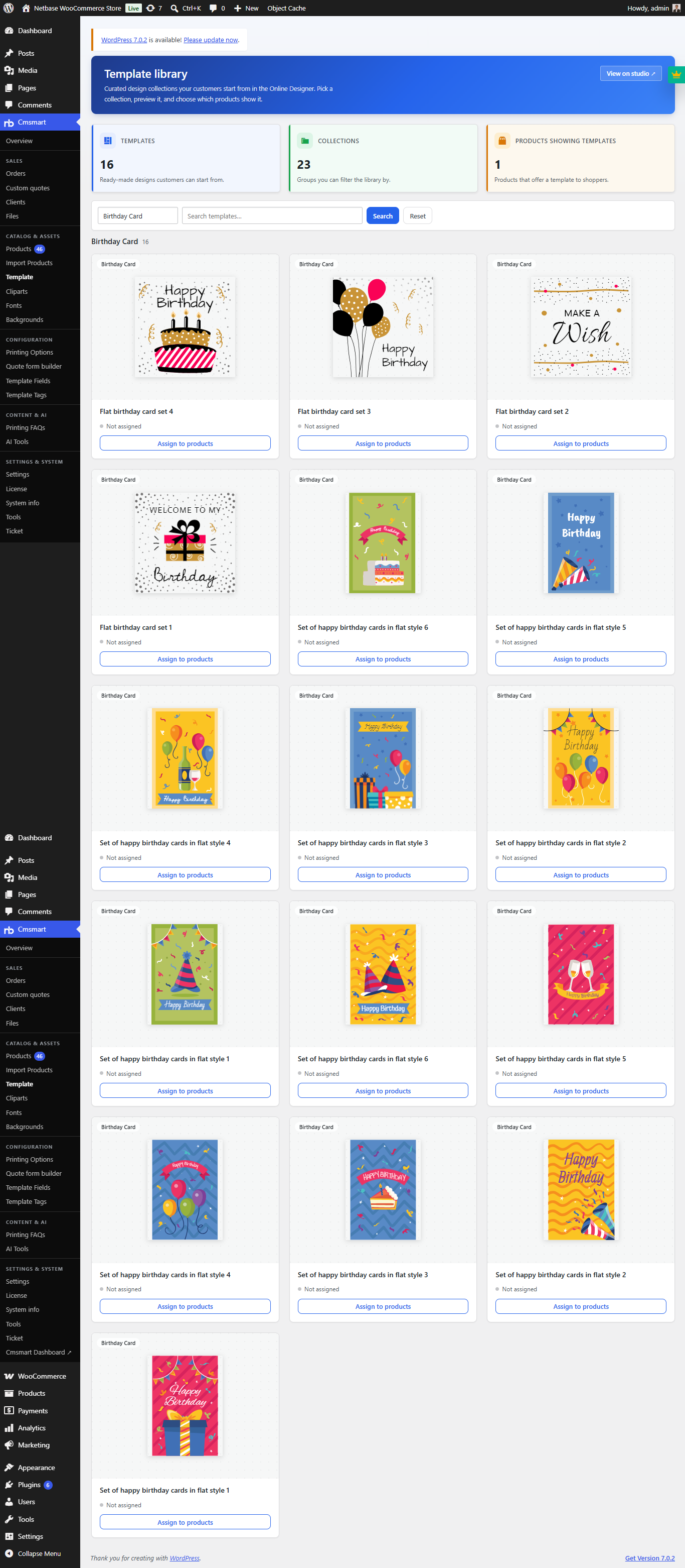 Cmsmart Product Designer template library with collections and an Assign to products action