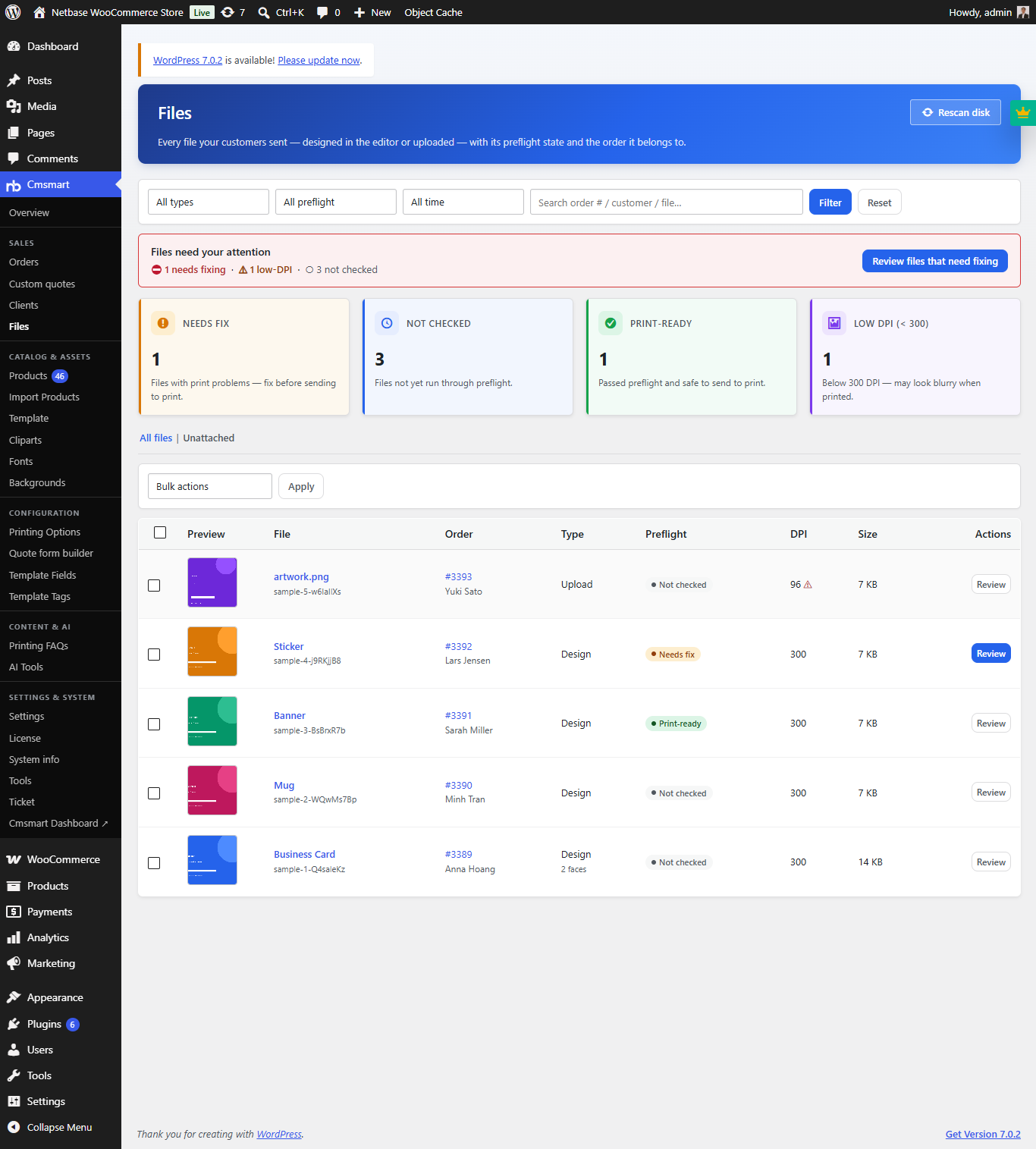 Cmsmart Product Designer files list with preflight status