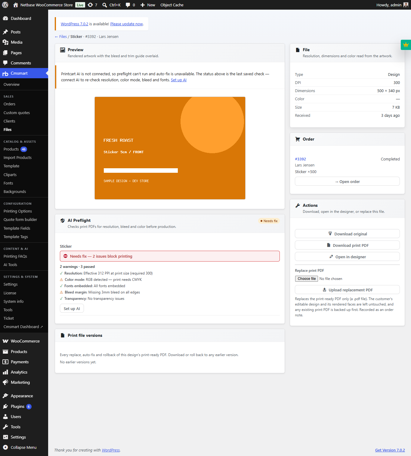 Cmsmart Product Designer file detail with an AI Preflight report