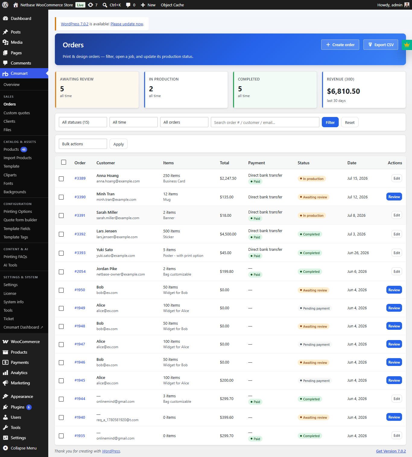 Cmsmart Product Designer orders list grouped by production stage