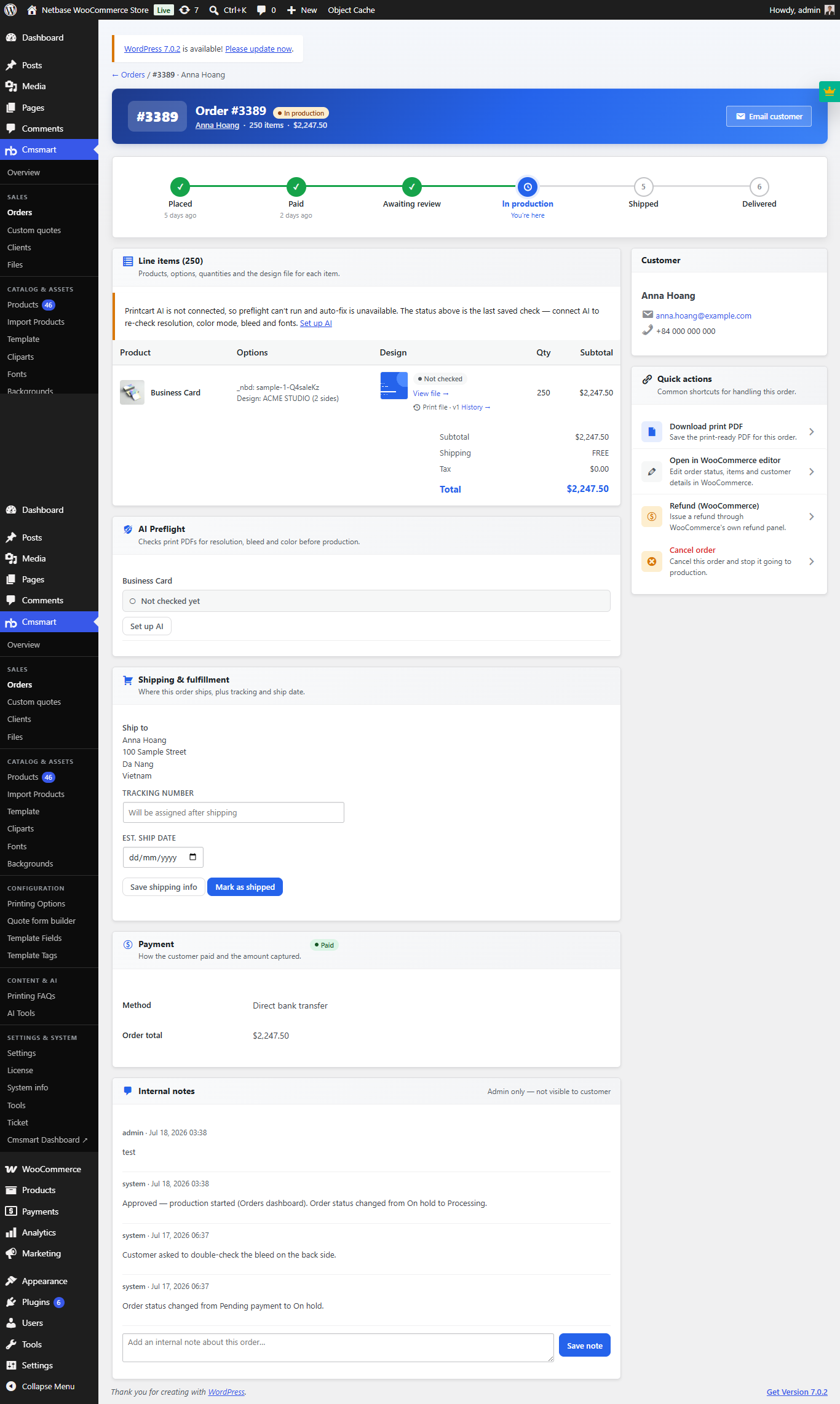 Cmsmart Product Designer order detail with placed-to-delivered progress and preflight
