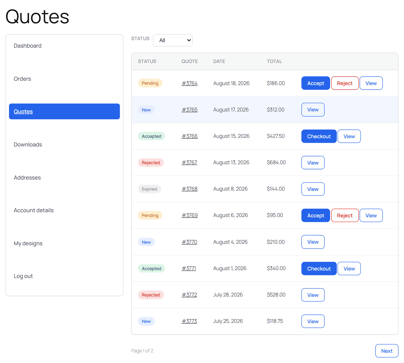 WooCommerce My Account Quotes page listing customer quotes with status filter and pagination