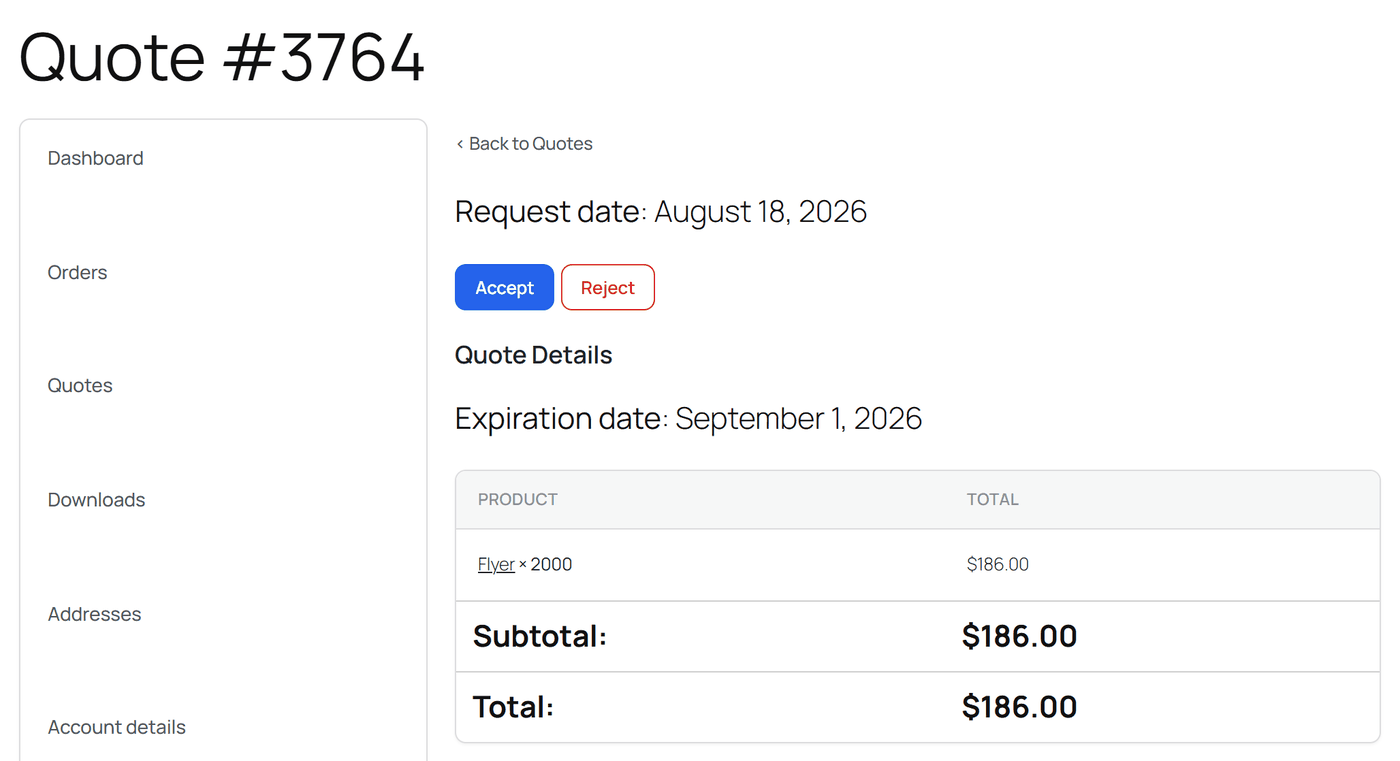 Quote detail page rendering correctly on a WordPress block theme with a Back to Quotes link