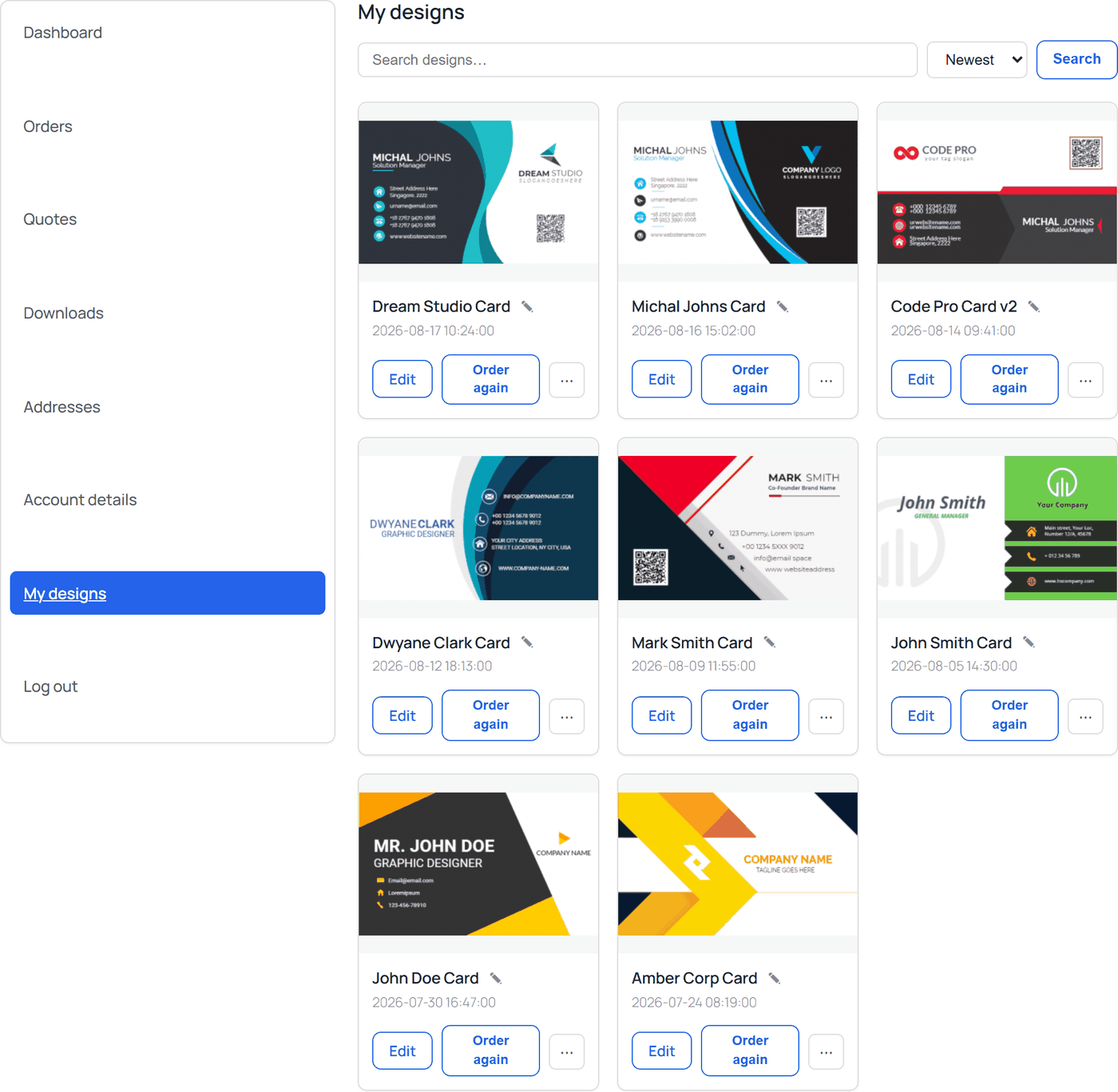 My designs page as a responsive card grid with Edit, Order again and a More menu