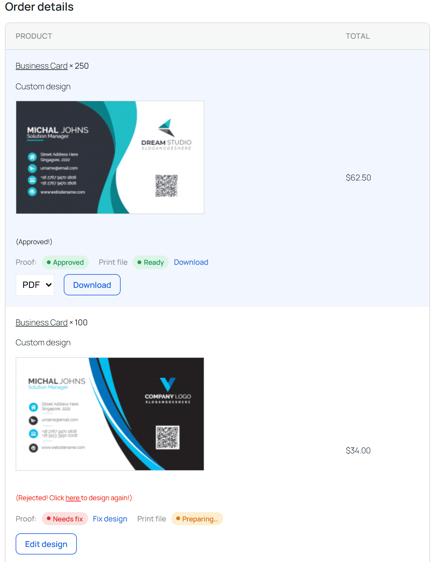WooCommerce order detail showing buyer proof status pills and print file status for each design item