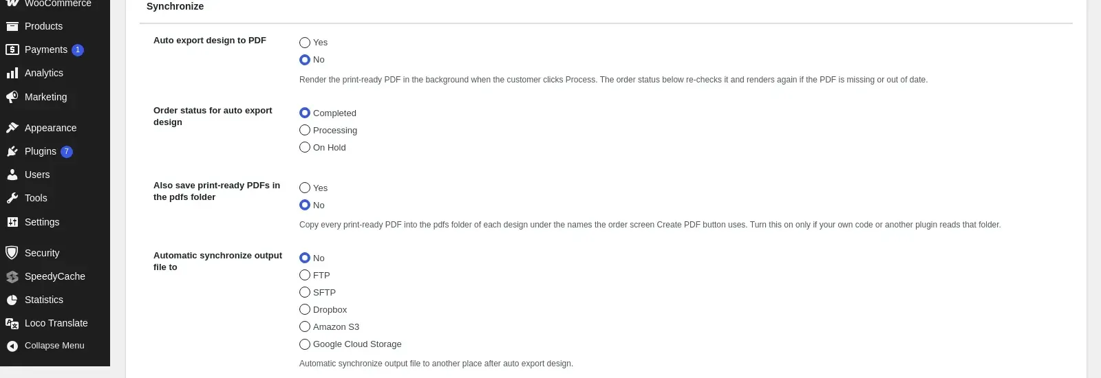 Cmsmart Settings Output tab Synchronize section: Auto export design to PDF, order status, Also save print-ready PDFs in the pdfs folder and file sync destinations