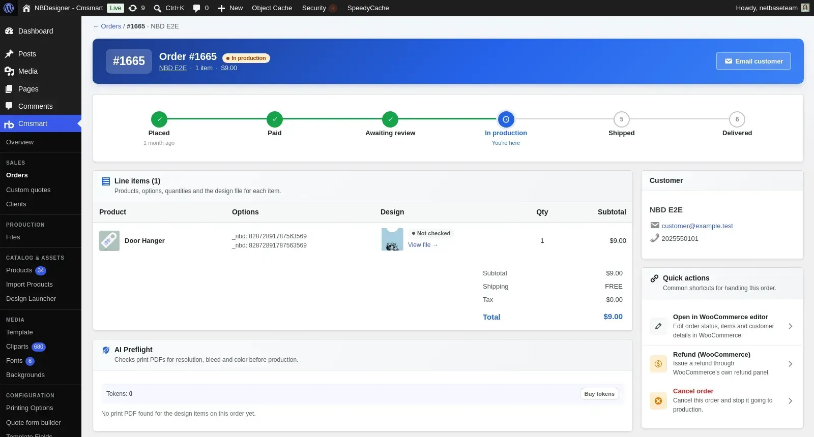 Cmsmart order detail with production timeline, design file and AI Preflight panel (test order)