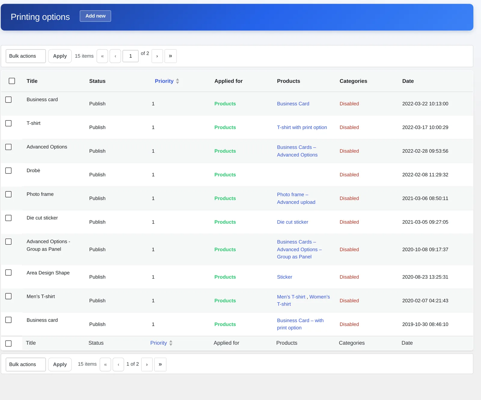 Cmsmart Printing Options screen listing option sets with a price matrix for WooCommerce products