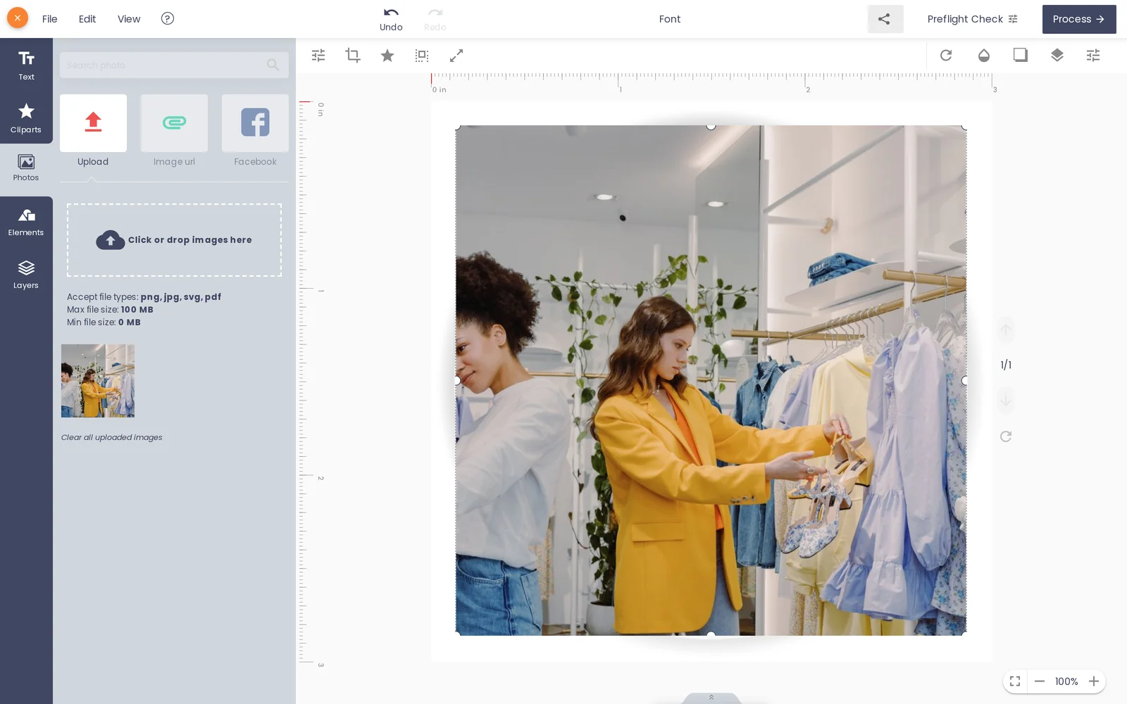 Buyer uploads a phone photo to a badge design before the AI print preflight software checks its resolution