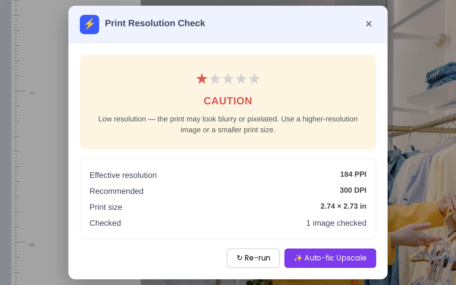 AI print preflight software flags a photo as low resolution with a one-star caution rating