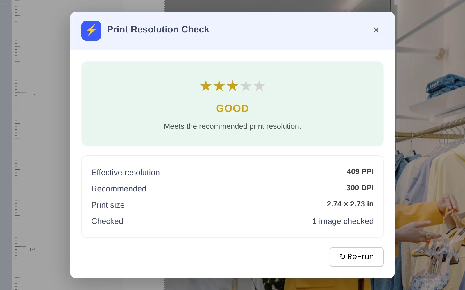 Preflight check result after AI upscale shows 409 PPI and a good rating