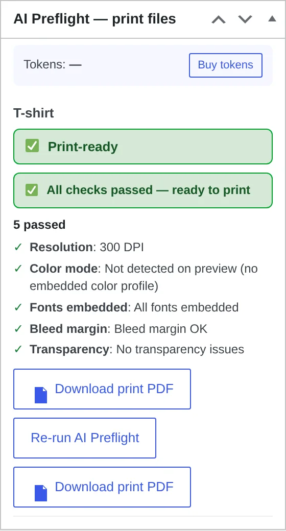 Admin AI Preflight panel showing all five print file checks passed