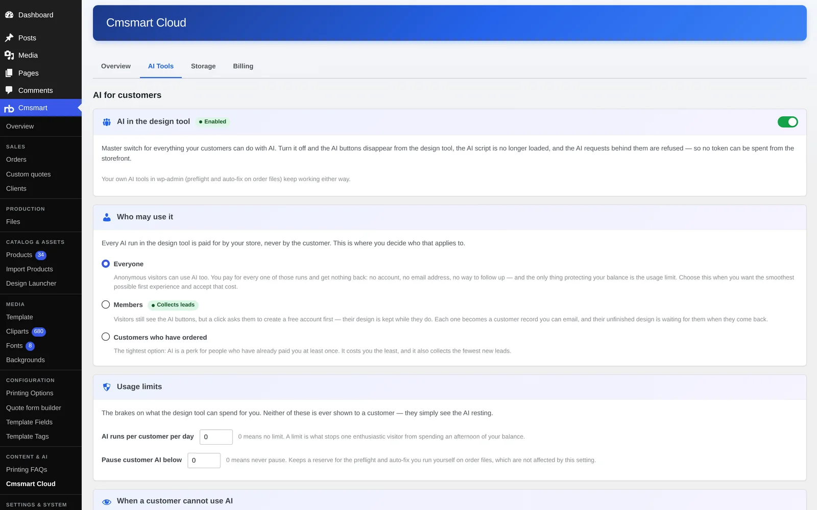 Cmsmart Cloud AI Tools settings showing the master switch and who may use AI print preflight