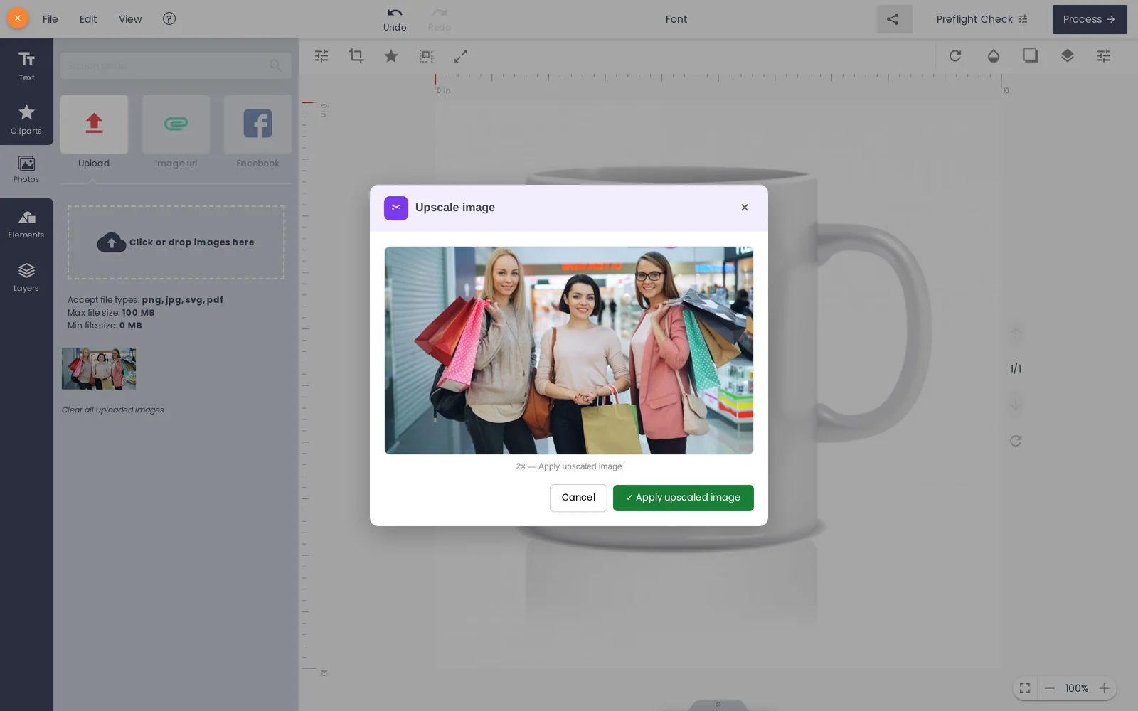 Upscale customer photos result preview in Cmsmart Product Designer with the Apply upscaled image button