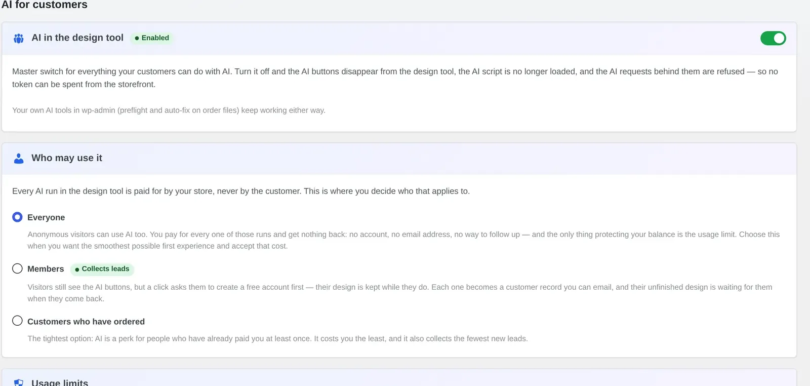 Settings to control who can use AI in your WooCommerce store: master switch and Everyone, Members or past-customer audience options in Cmsmart Cloud
