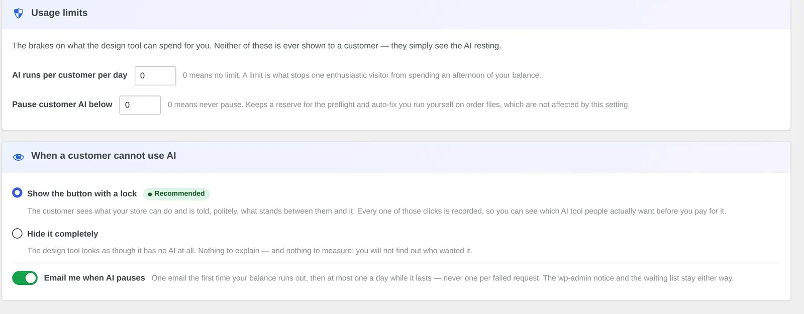 AI usage limits and locked-button behavior settings in Cmsmart Cloud AI Tools
