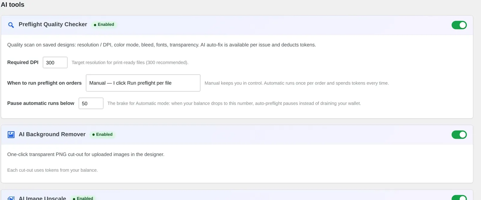 Per-tool AI switches for Preflight, Background Remover and Image Upscale in Cmsmart Product Designer settings